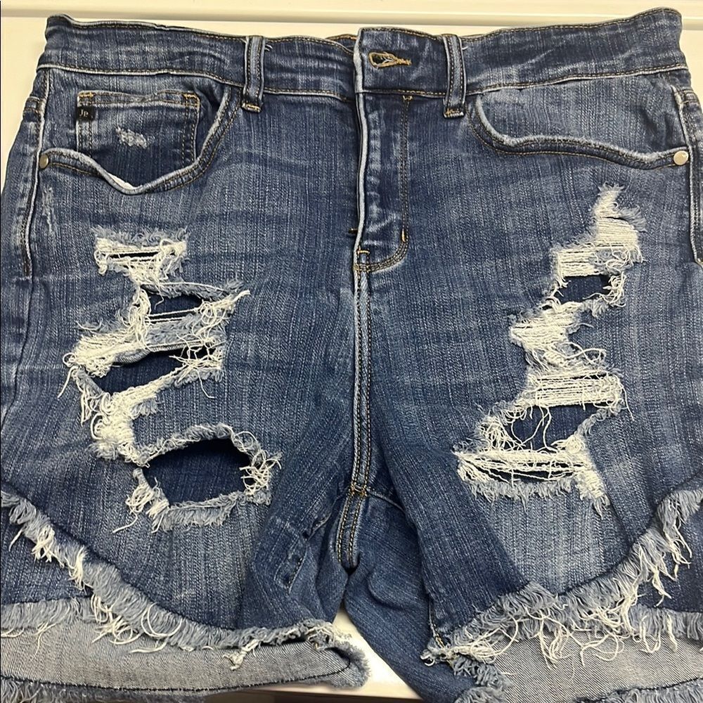 Judy Blue Button Zip Criss Cross Distressed Denim High Waist Women's Shorts 2XL - Picture 15 of 15